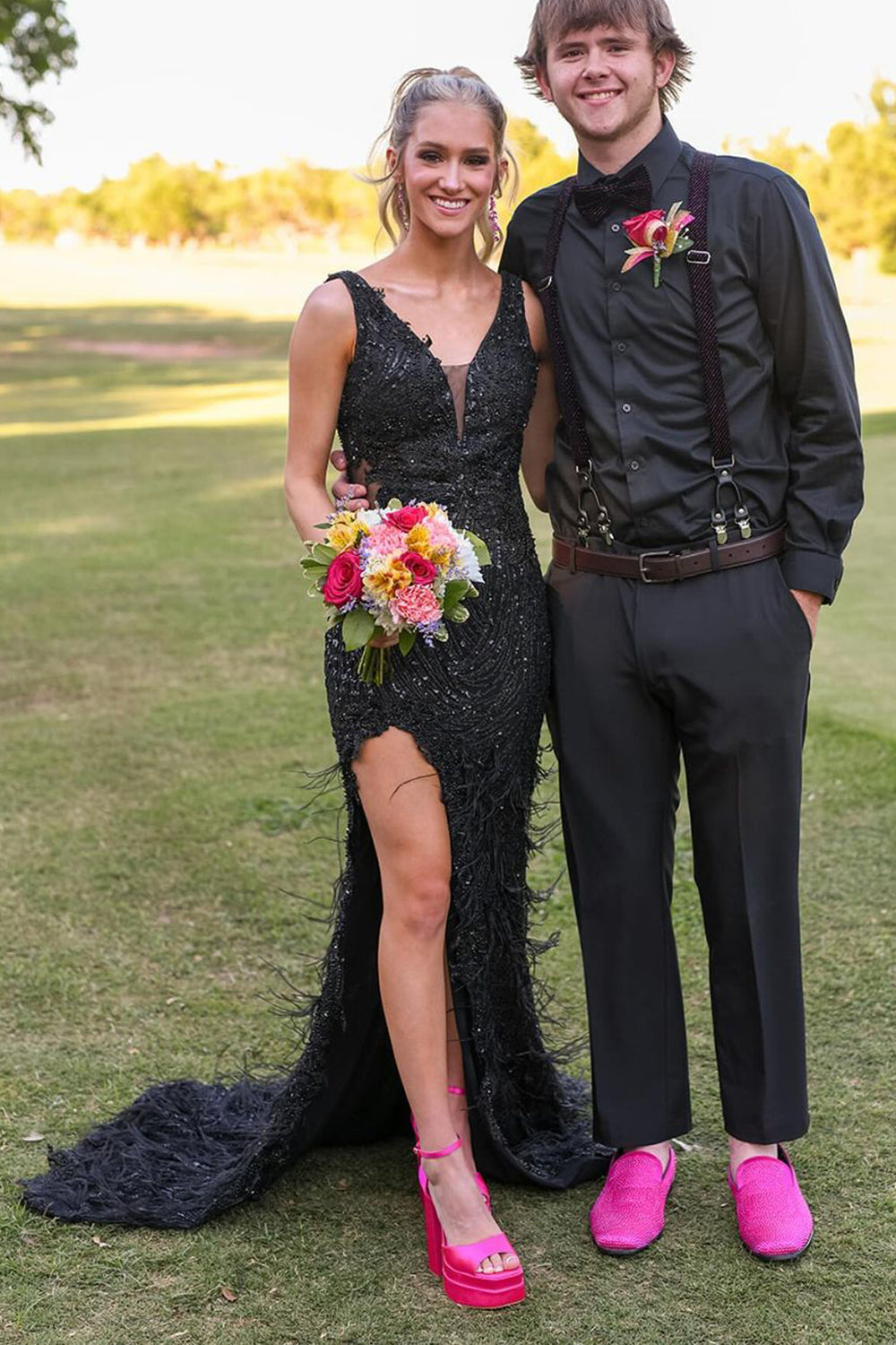 Sparkly Mermaid V Neck Black Sequins Lace Prom Dresses with Feather AB24091402-4