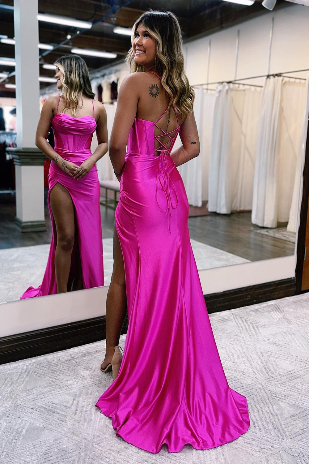 Aaliyah | Hot Pink Satin Mermaid Prom Dress with Spaghetti Straps and Slit