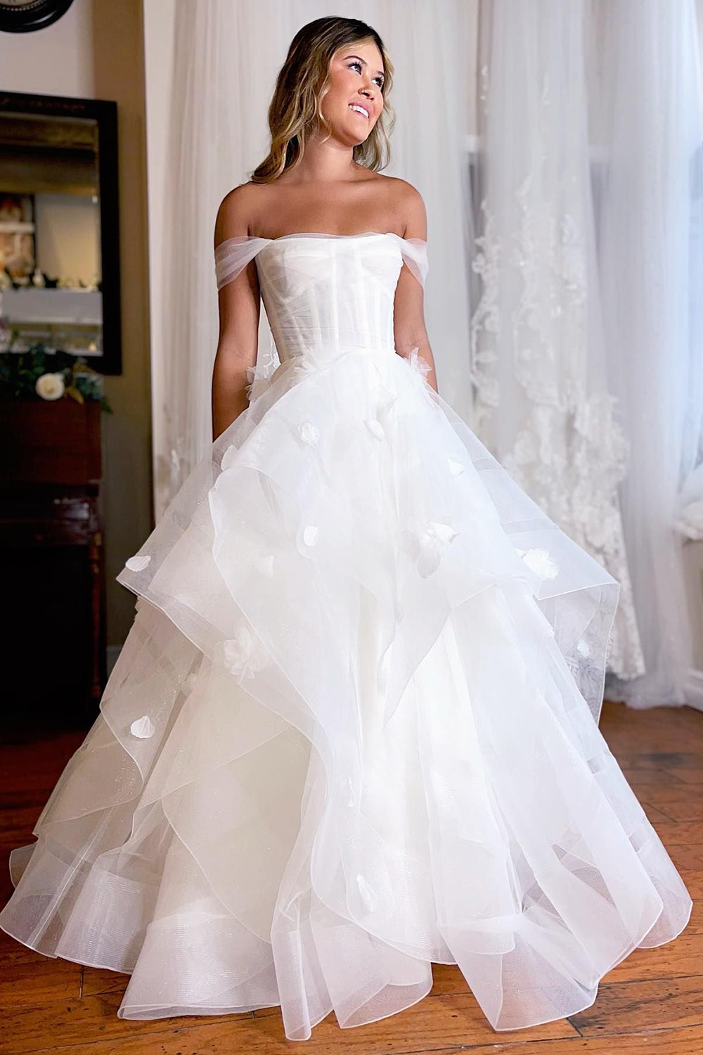 Monica | White A-Line Wedding Dress with Corset and Appliqué Details