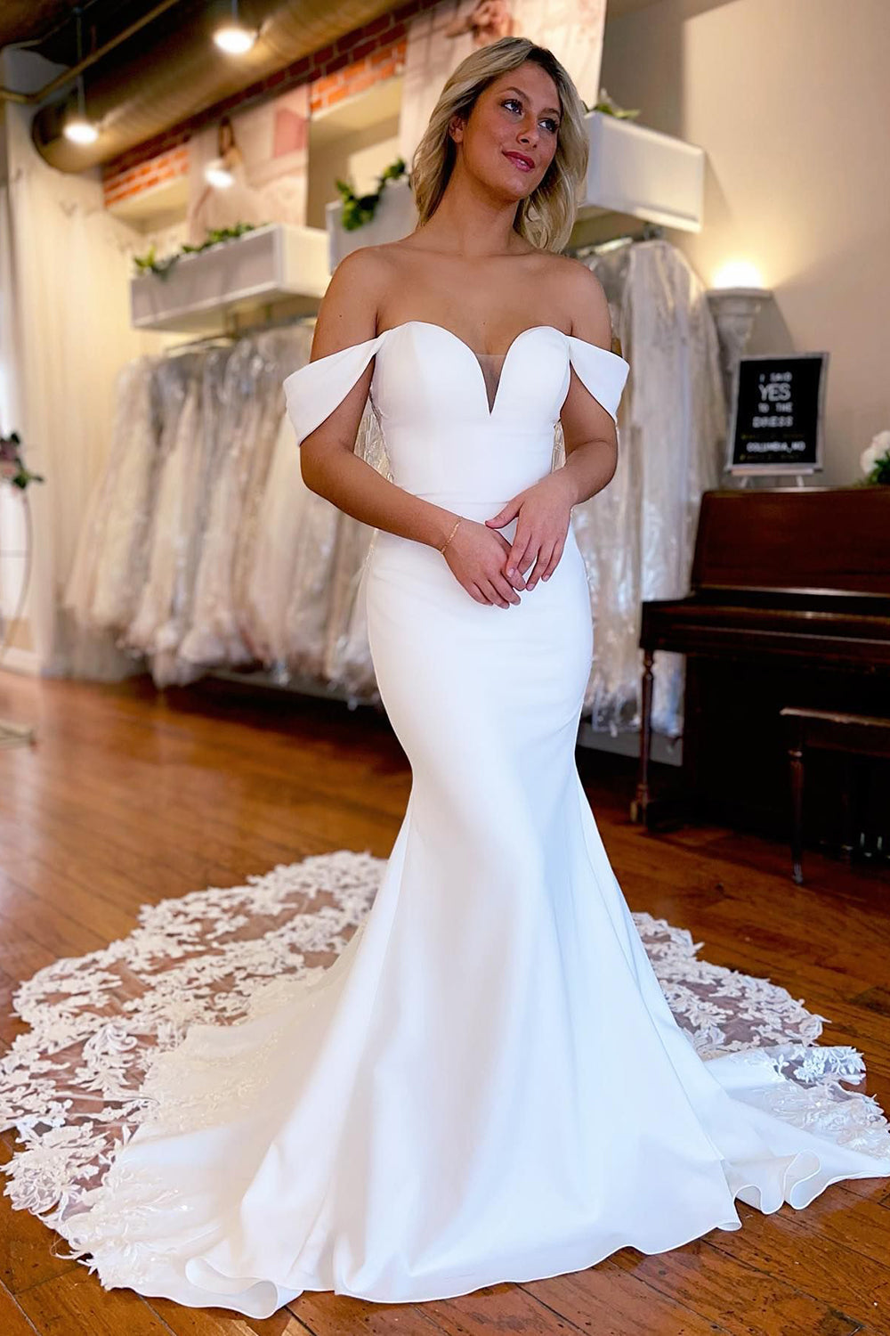 Brynleigh | White Boho Mermaid Off-the-Shoulder Wedding Dress with Lace Details
