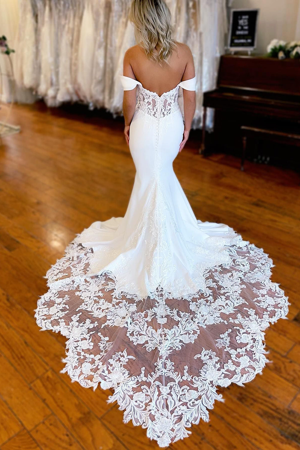 Brynleigh | White Boho Mermaid Off-the-Shoulder Wedding Dress with Lace Details