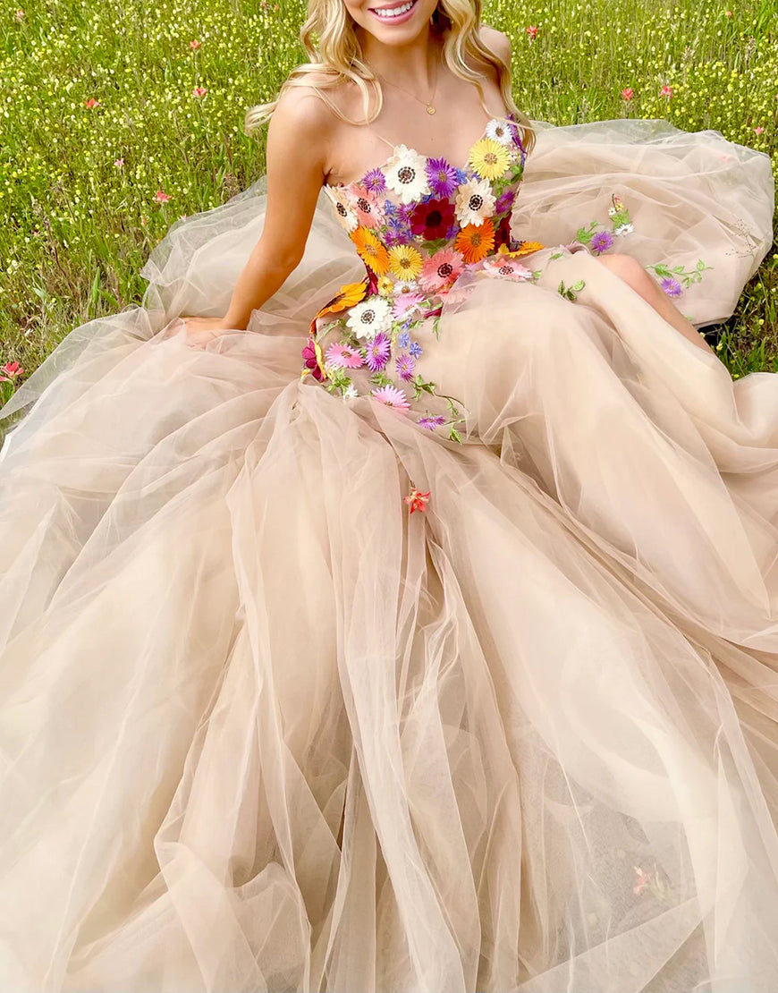 Adeline | Champagne Strapless A-Line Prom Dress with Floral Appliqués