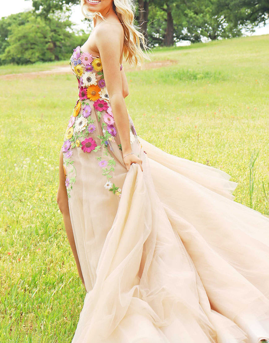Adeline | Champagne Strapless A-Line Prom Dress with Floral Appliqués