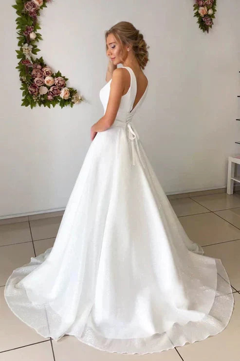 Attractive A-Line V-Neck Simple Wedding Dress for Rustic Weddings