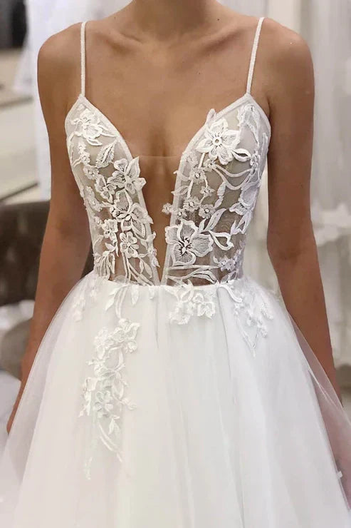 Tulle A-Line Wedding Dress with Spaghetti Straps and Appliqué for Rustic Weddings