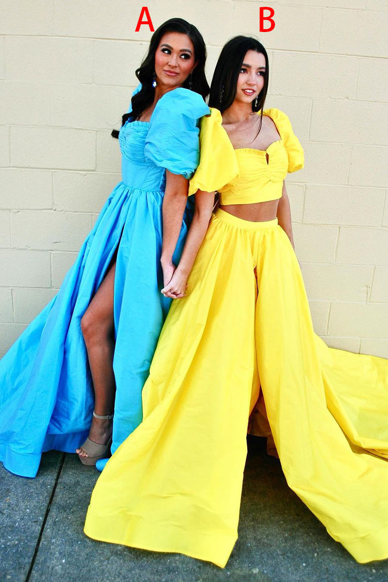 Cute Ball Gown V Neck Two Piece Yellow Satin Long Prom Dresses LD062596