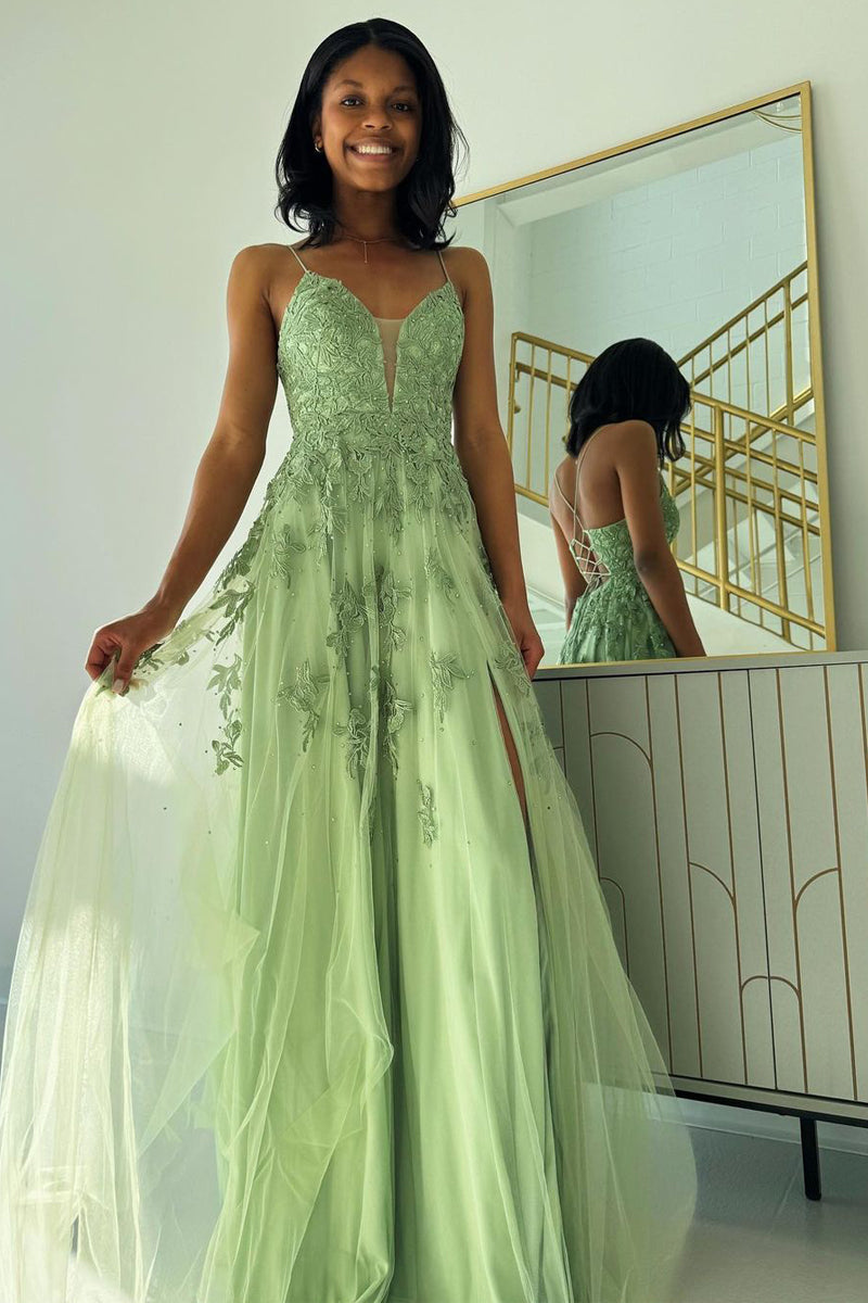 Sage Green V-Neck Tulle A-Line Long Prom Dress with Appliques Detail