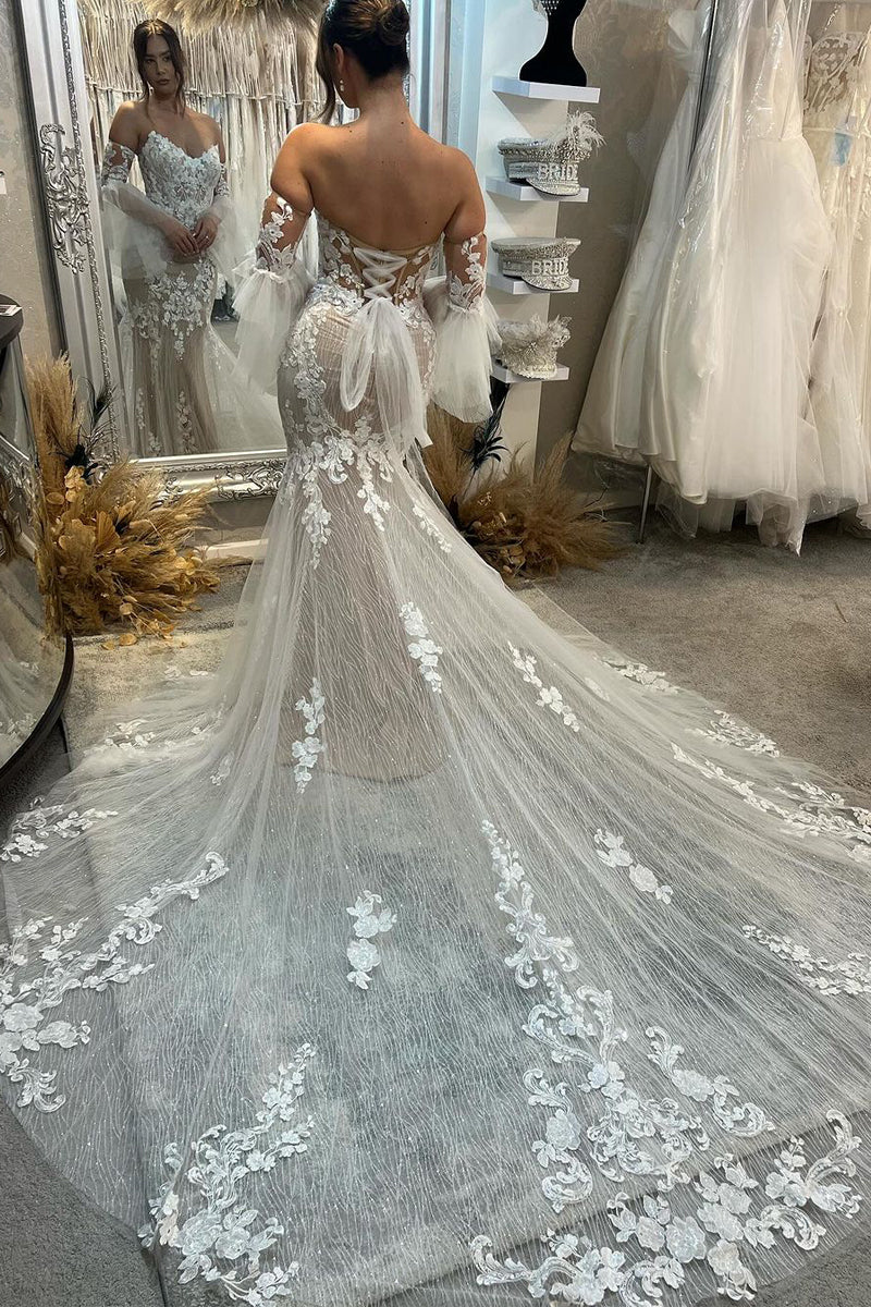 Charming Mermaid V Neck Champagne Sparkly Wedding Dress with Appliques LD0625100