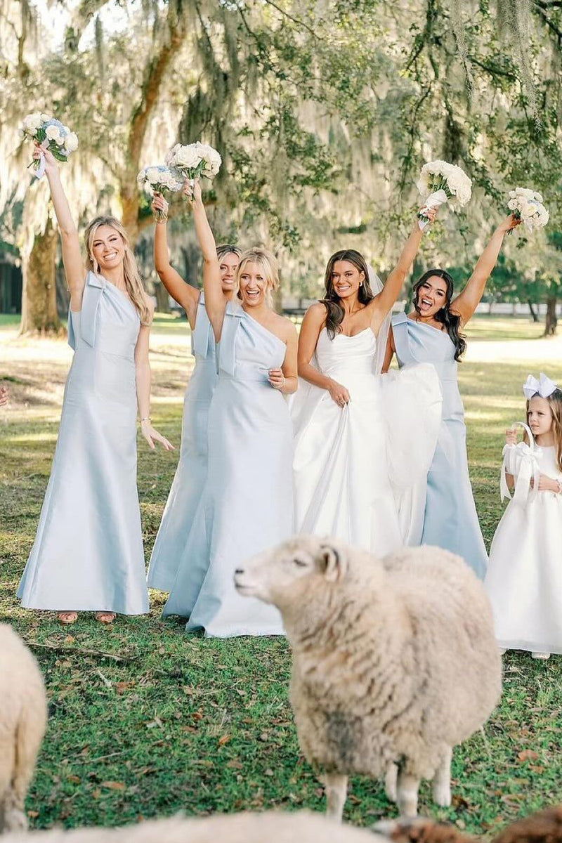 Light Blue One-Shoulder Satin Sheath Long Bridesmaid Dress with Elegant Design