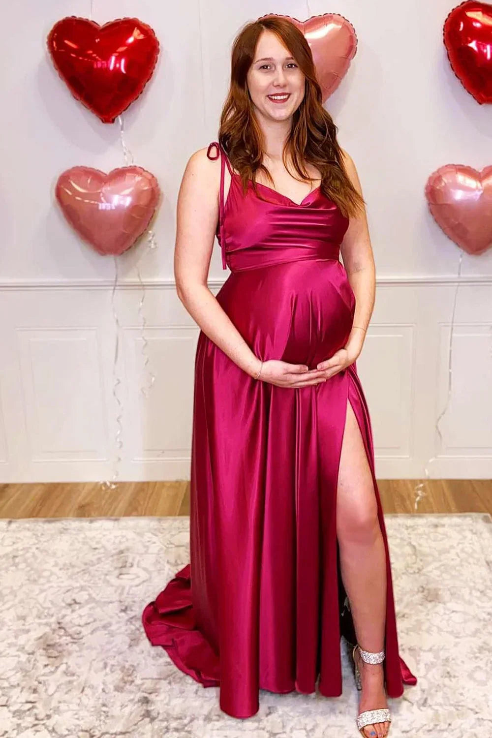 Viviana | Burgundy Satin A-Line Bridesmaid Dress with Spaghetti Straps and Slit