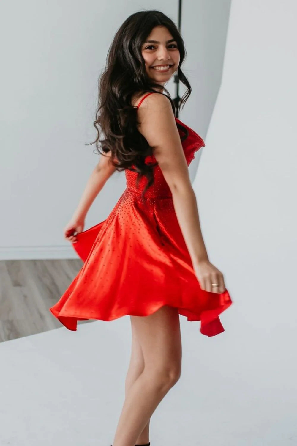Red Cowl Neck Satin Short Homecoming Dresses with Pockets LD072202