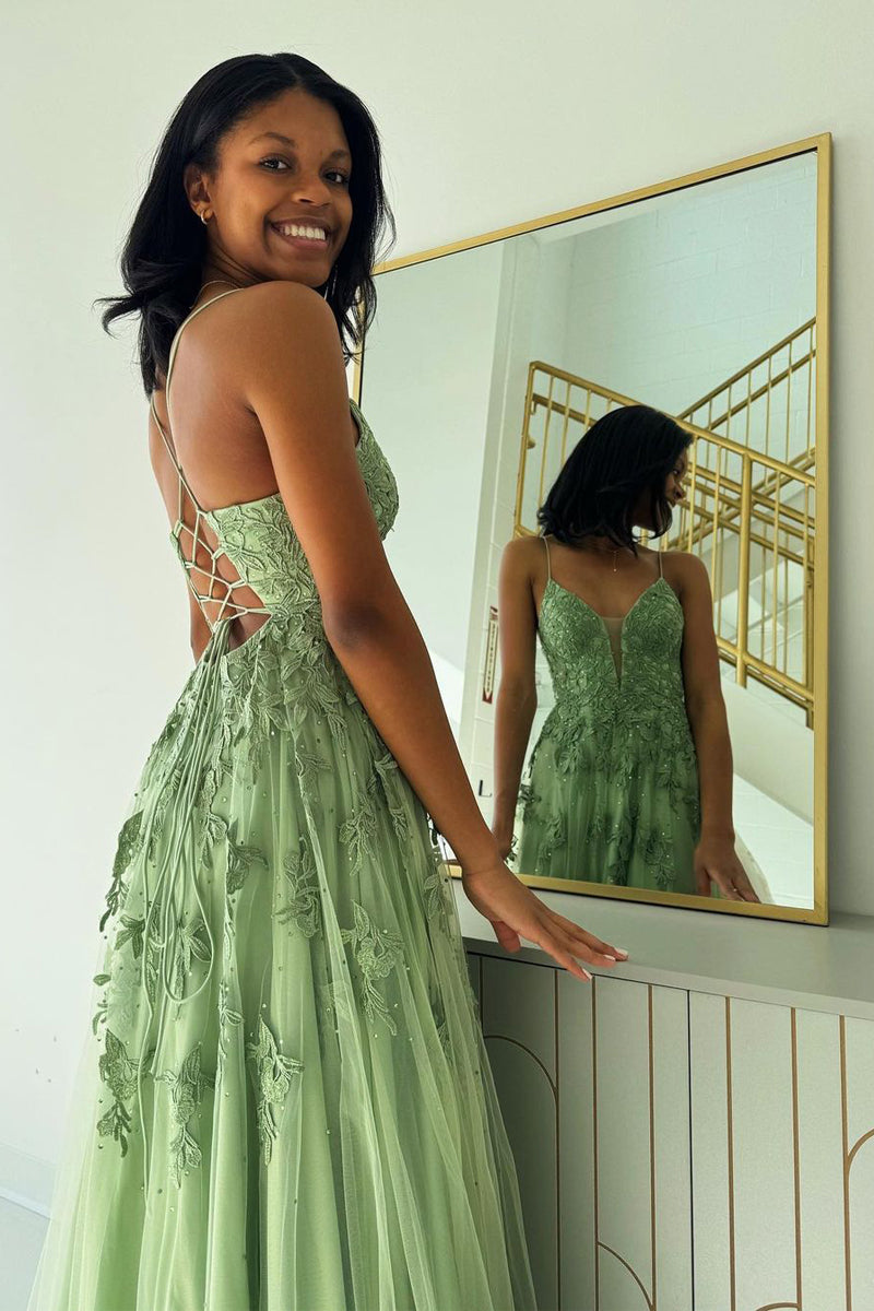 Sage Green V-Neck Tulle A-Line Long Prom Dress with Appliques Detail