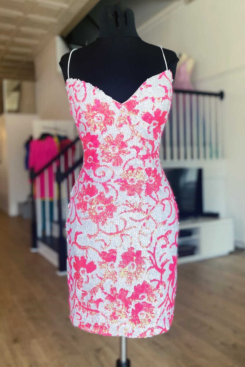 Christine | Pink V-Neck Bodycon Mini Cocktail Dress with Sequins