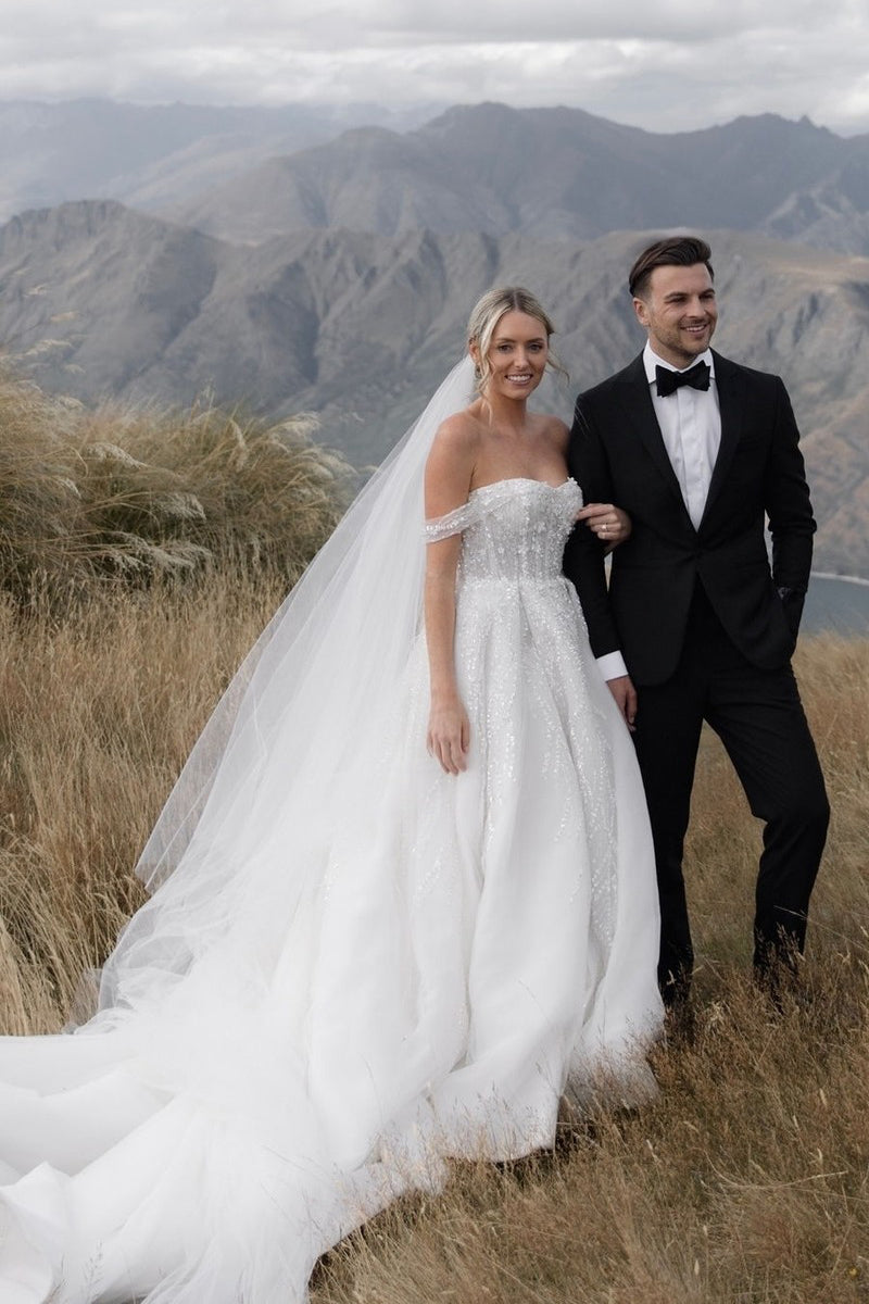 Elegant A-Line Off-the-Shoulder White Sequin Wedding Dress