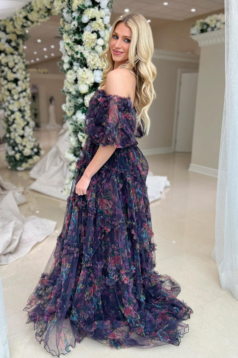 Fairy A Line Off the Shoulder Ruffle Printed Tulle Prom Dress LD062568