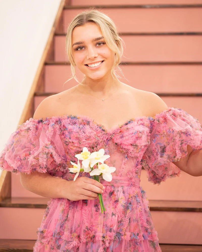 Floral Tulle A-Line Off-the-Shoulder Prom Dress