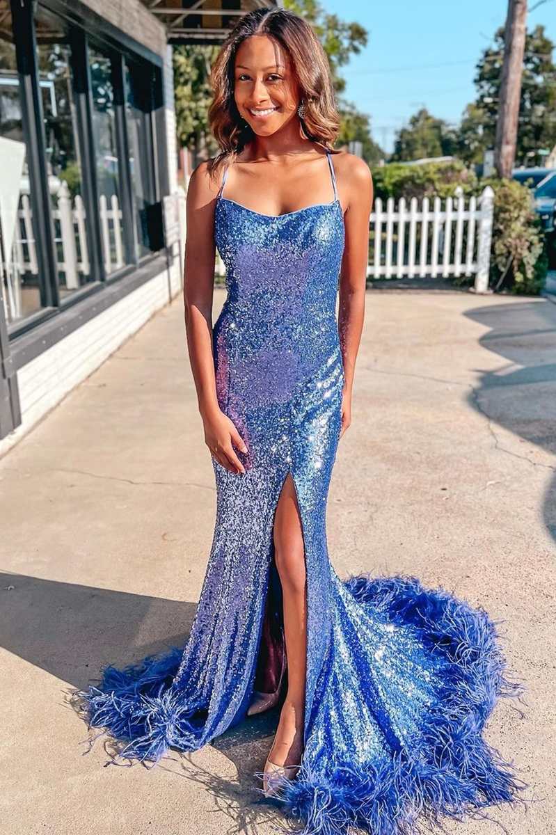 Annie | Dazzling Blue Sequin Feather Mermaid Prom Dress with Lace-Up Back and Slit