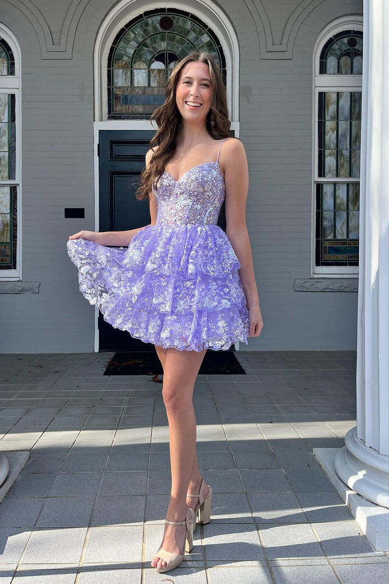 Cute A-Line V Neck Lavender Sequin Appliques Short Homecoming Dresses LD062592