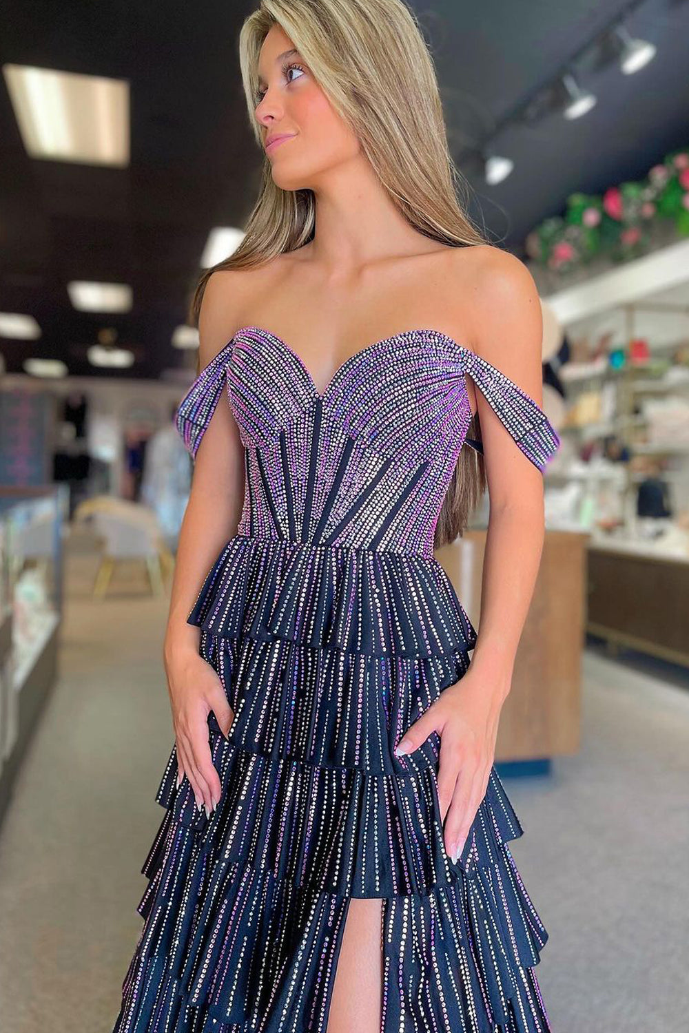 Cute A-Line Off-the-Shoulder Black Satin Prom Dress with Pink Beading and Tiered Skirt