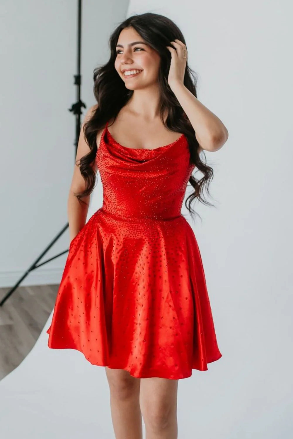 Red Cowl Neck Satin Short Homecoming Dresses with Pockets LD072202 Lovedreamdress Red Cowl Neck Satin Short Homecoming Dresses with Pockets LD072202 Lovedreamdress