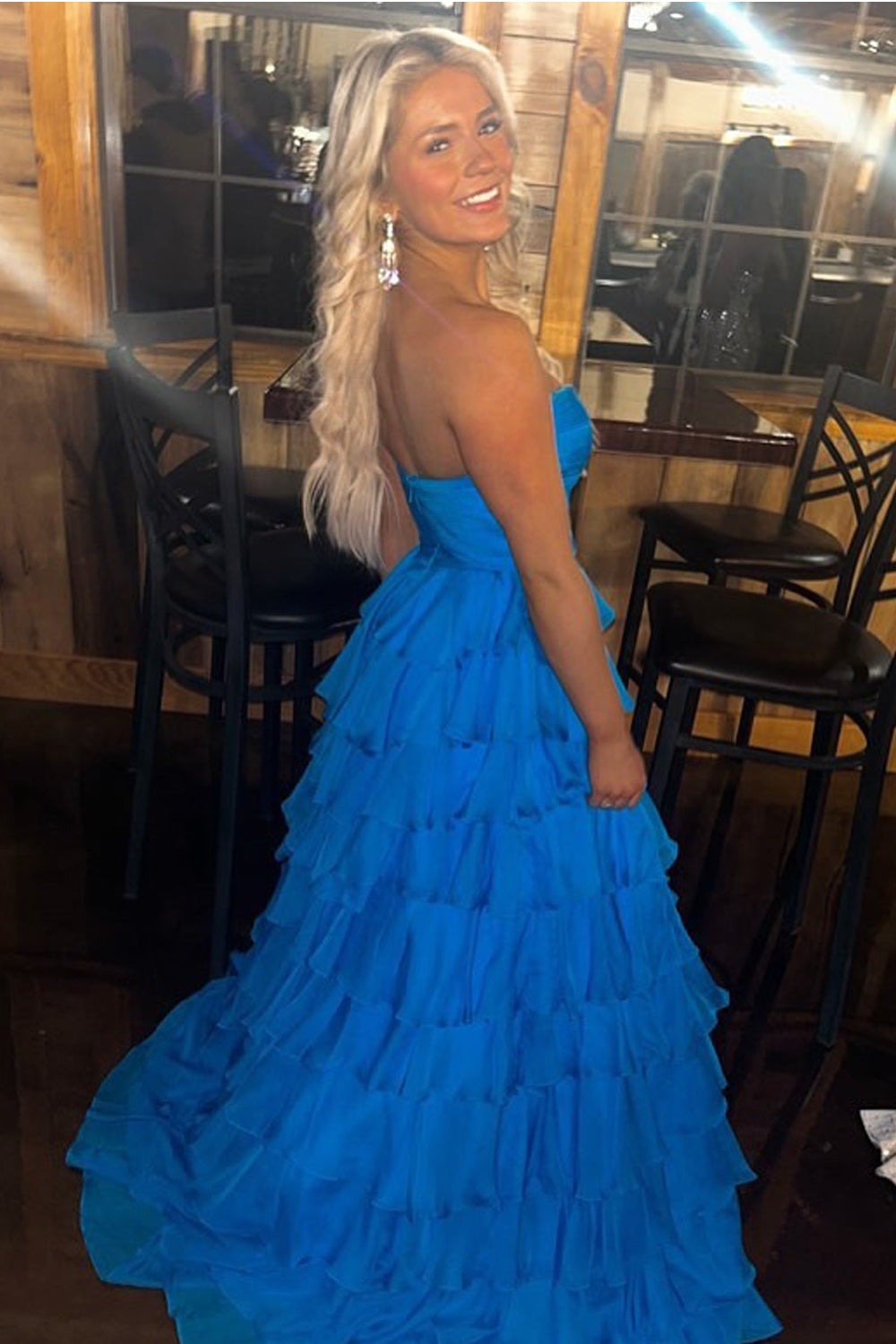 Cute A-Line Sweetheart Blue Chiffon Prom Dress with Tiered Skirt