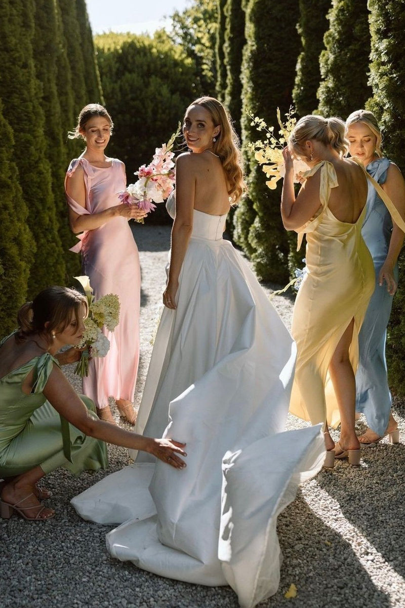 Sheath Boat Neckline Silk Satin Long Bridesmaid Dress LD070828