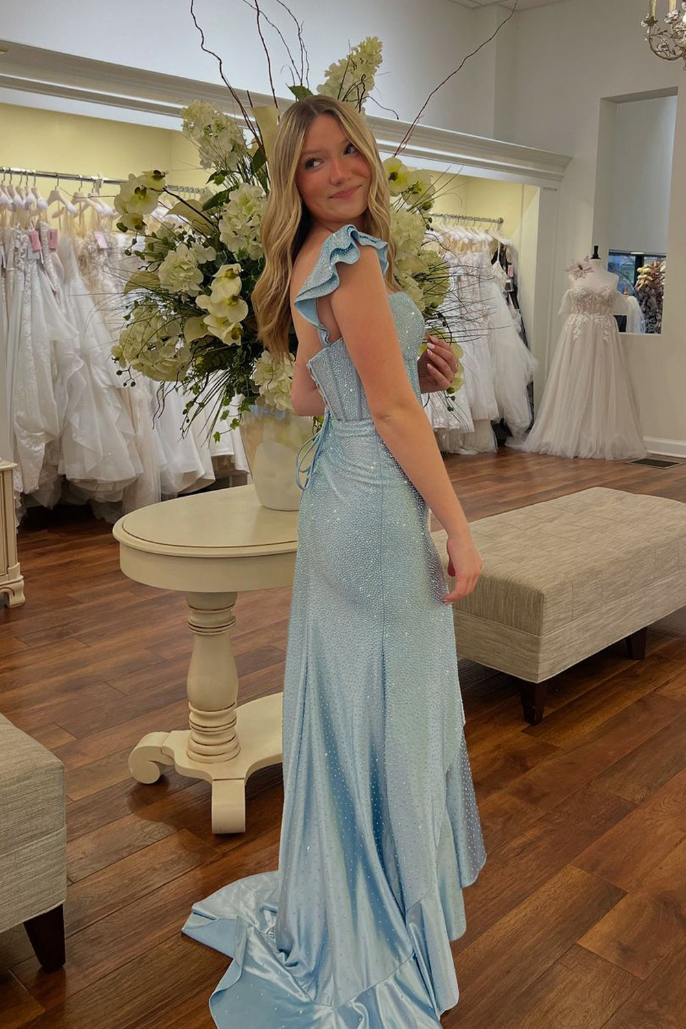 Skylar | Light Blue Satin Sheath Prom Dress with Beaded Straps and Slit