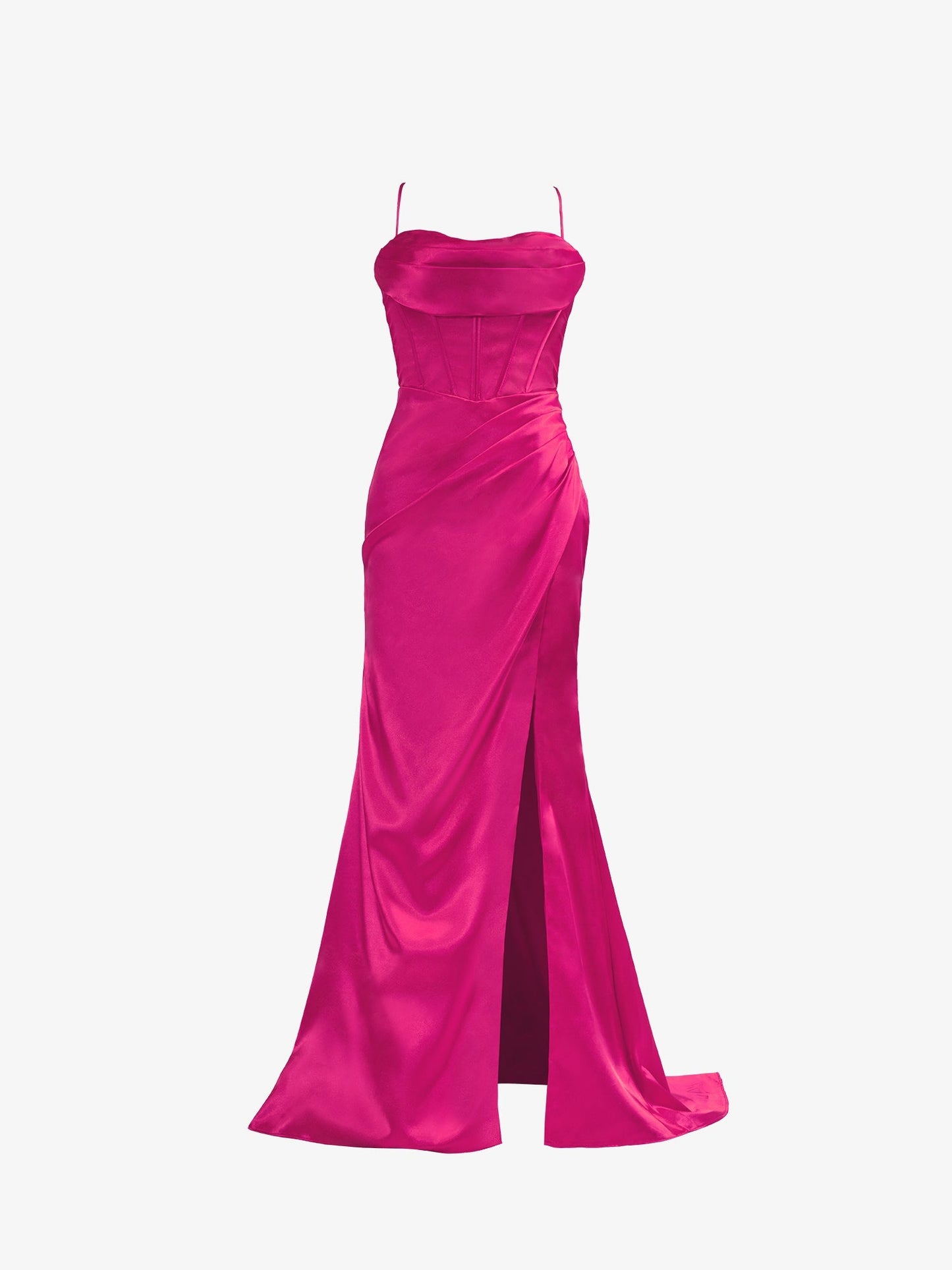 Aaliyah | Hot Pink Satin Mermaid Prom Dress with Spaghetti Straps and Slit