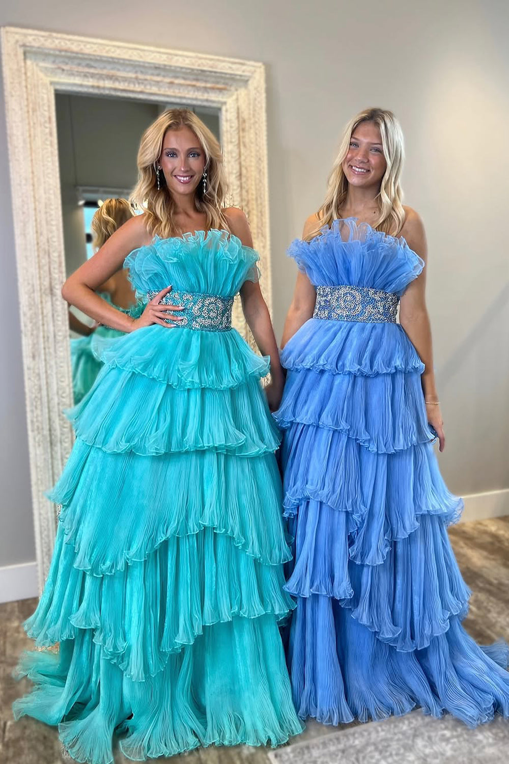 Gorgeous Ball Gown Strapless Organza Tiered Prom Dress with Beading