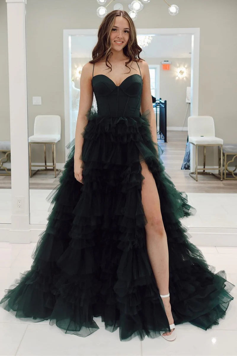 Cute Ball Gown Sweetheart Dark Green Tulle Long Prom Dress with Slit