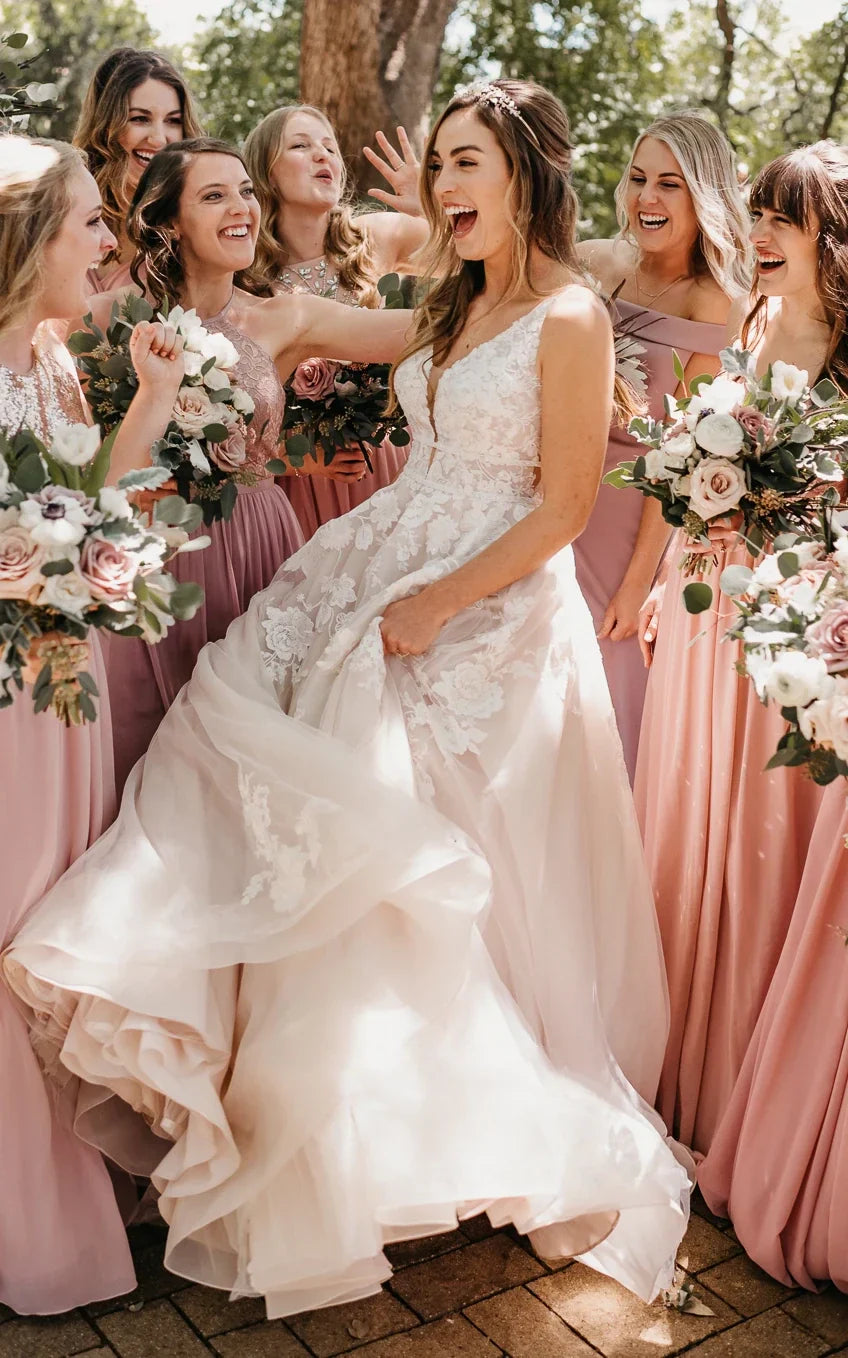 Anastasia | Adorable A-Line Lace Wedding Dress with Appliqués and Illusion Deep-V Back