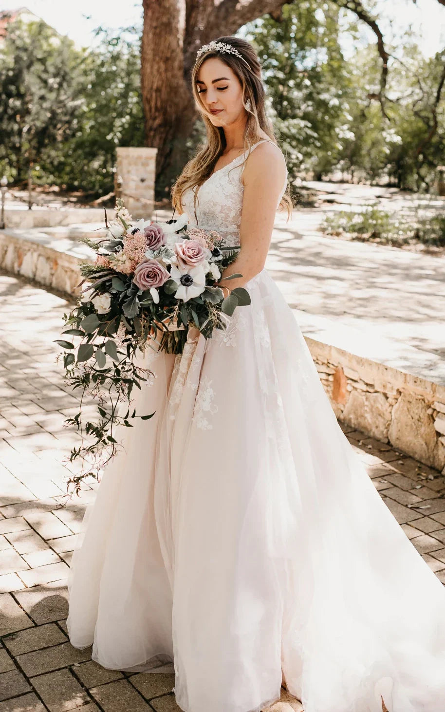 Anastasia | Adorable A-Line Lace Wedding Dress with Appliqués and Illusion Deep-V Back