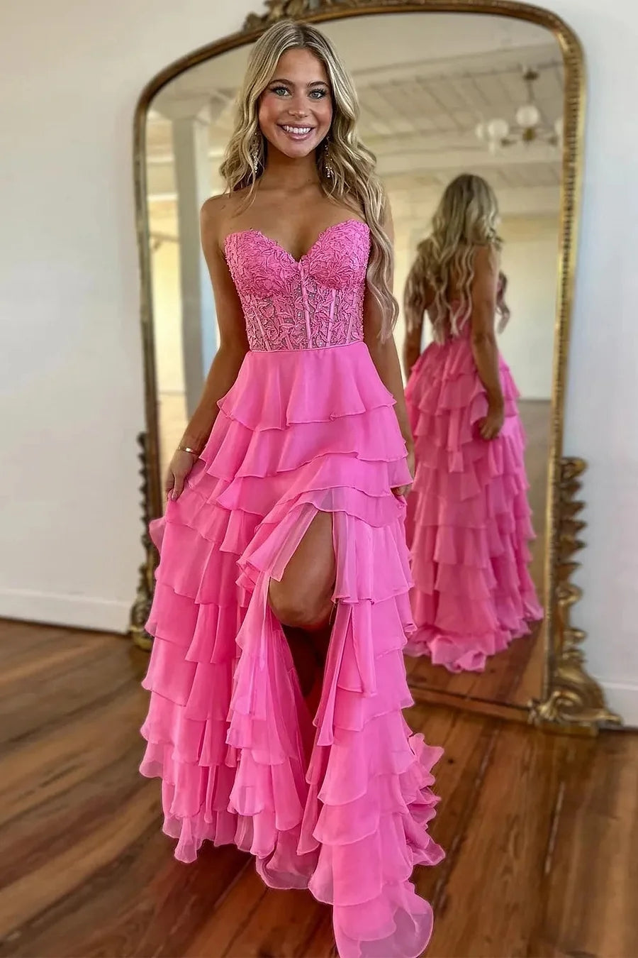 Cute A-Line Sweetheart Light Blue Tiered Chiffon Long Prom Dress LD062562