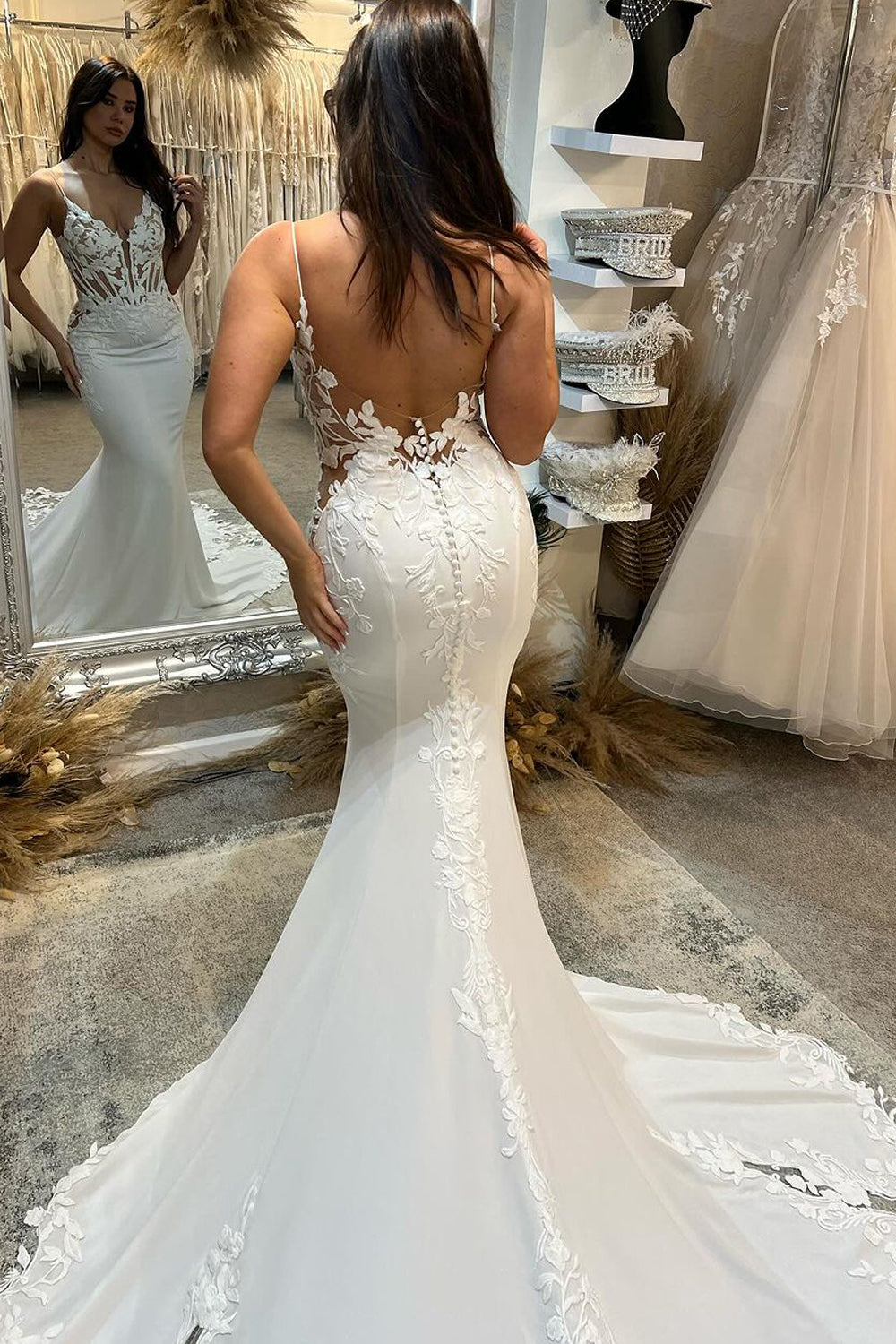 Vivienne | Elegant V-Neck Mermaid Long Wedding Dress in Elastic Satin with Appliques