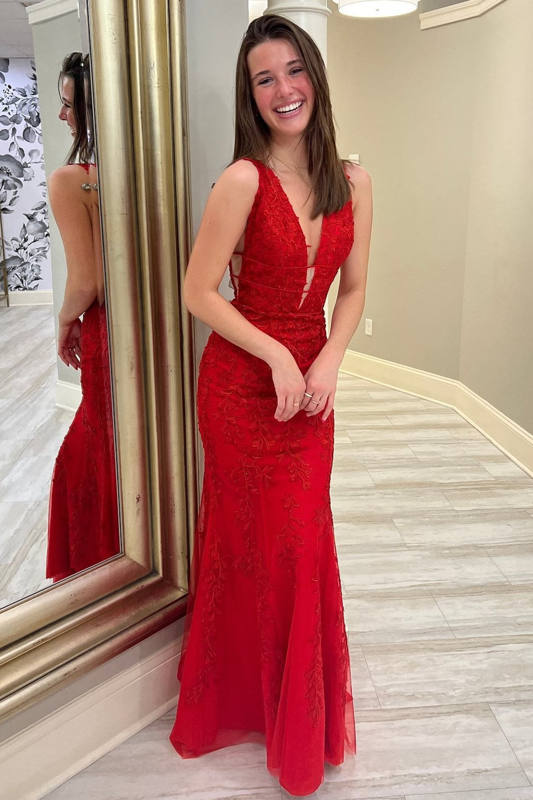 Kallie | Lace Mermaid Prom Dress with Plunge V-Neck