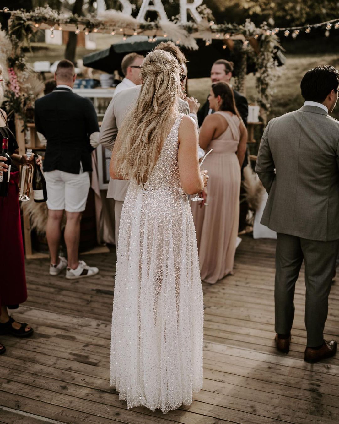 Bohemian Sparkly A Line V Neck Sequins Lace Wedding Dresses LD062515