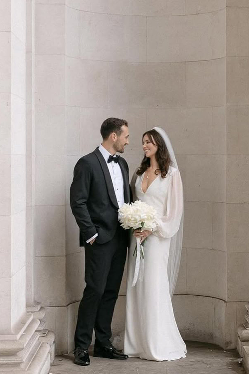 Elegant Sheath V-Neck Satin Wedding Dress with Long Sleeves