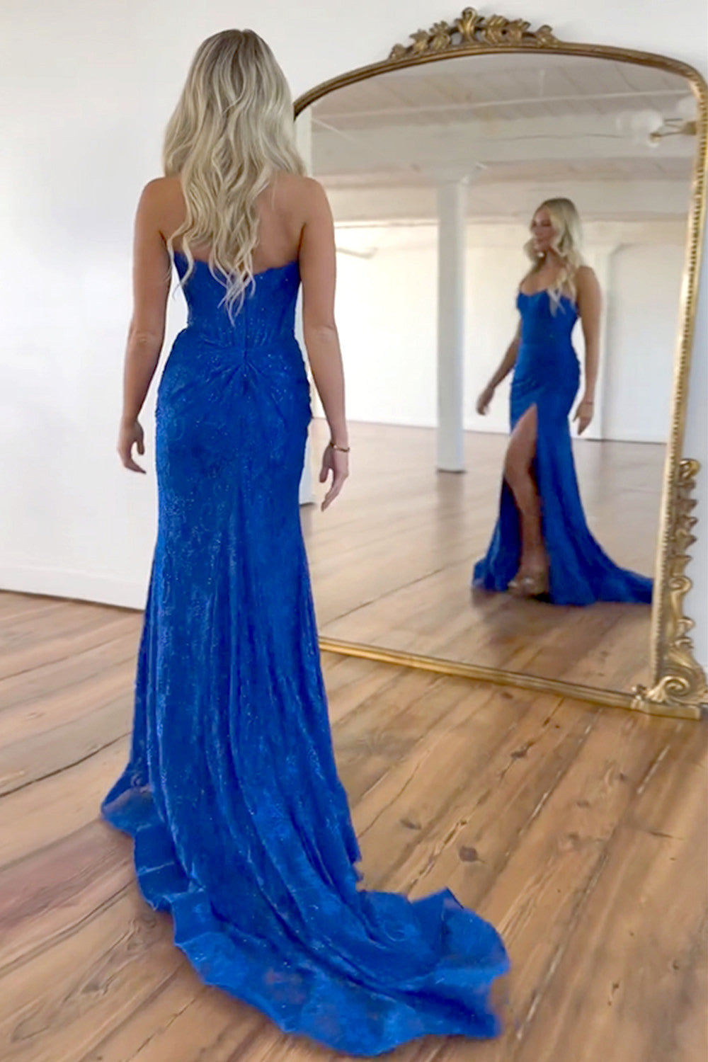 Cute Pink Mermaid Strapless Lace Prom Dress With Slit LD062561