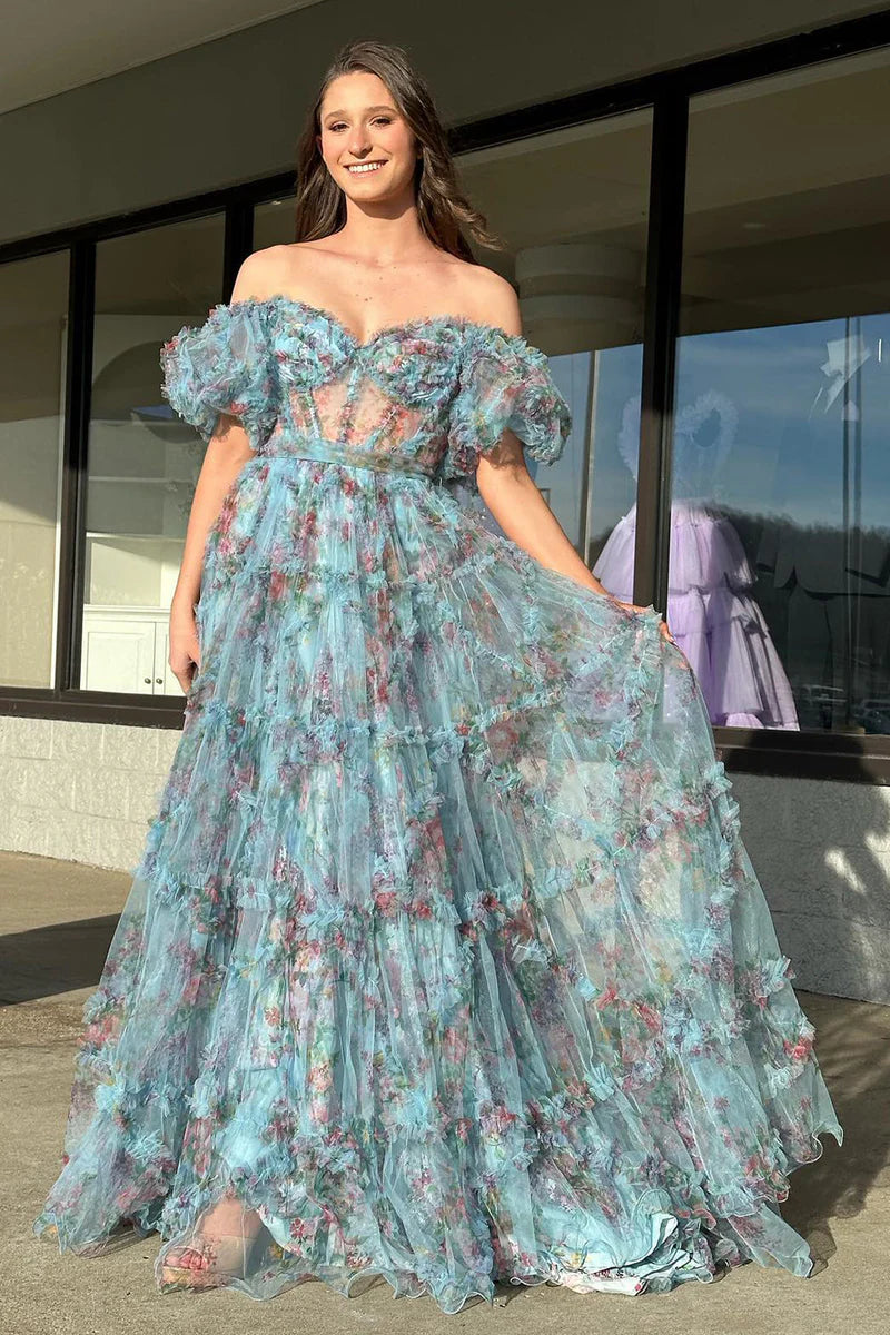 Floral Tulle A-Line Off-the-Shoulder Prom Dress