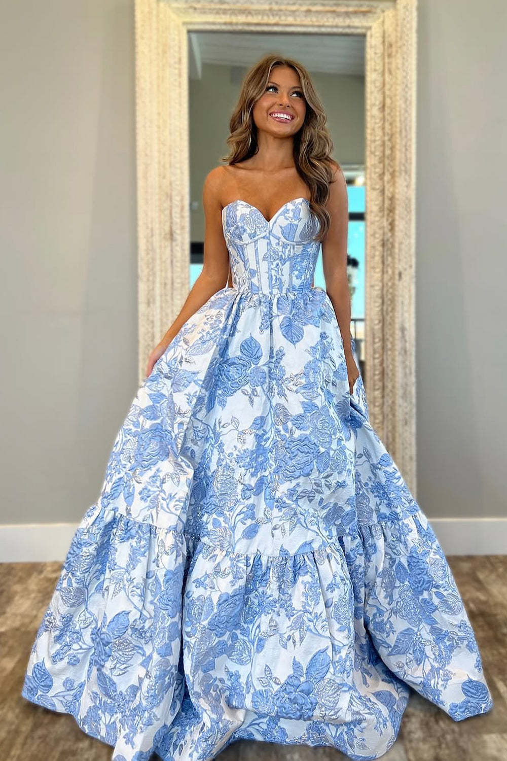 Charming A-Line Sweetheart Light Blue Jacquard Satin Prom Dress