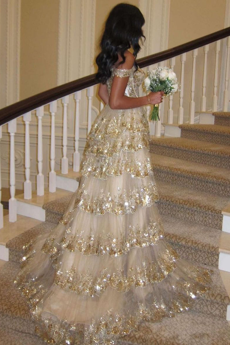 Sparkly Ball Gown Off the Shoulder Gold Sequins Long Prom Dresses LD070305