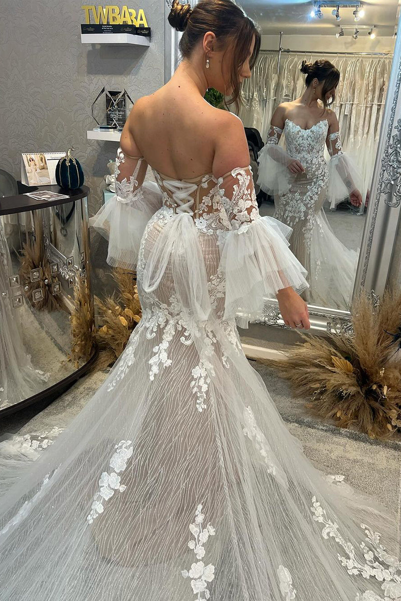 Charming Mermaid V Neck Champagne Sparkly Wedding Dress with Appliques LD0625100