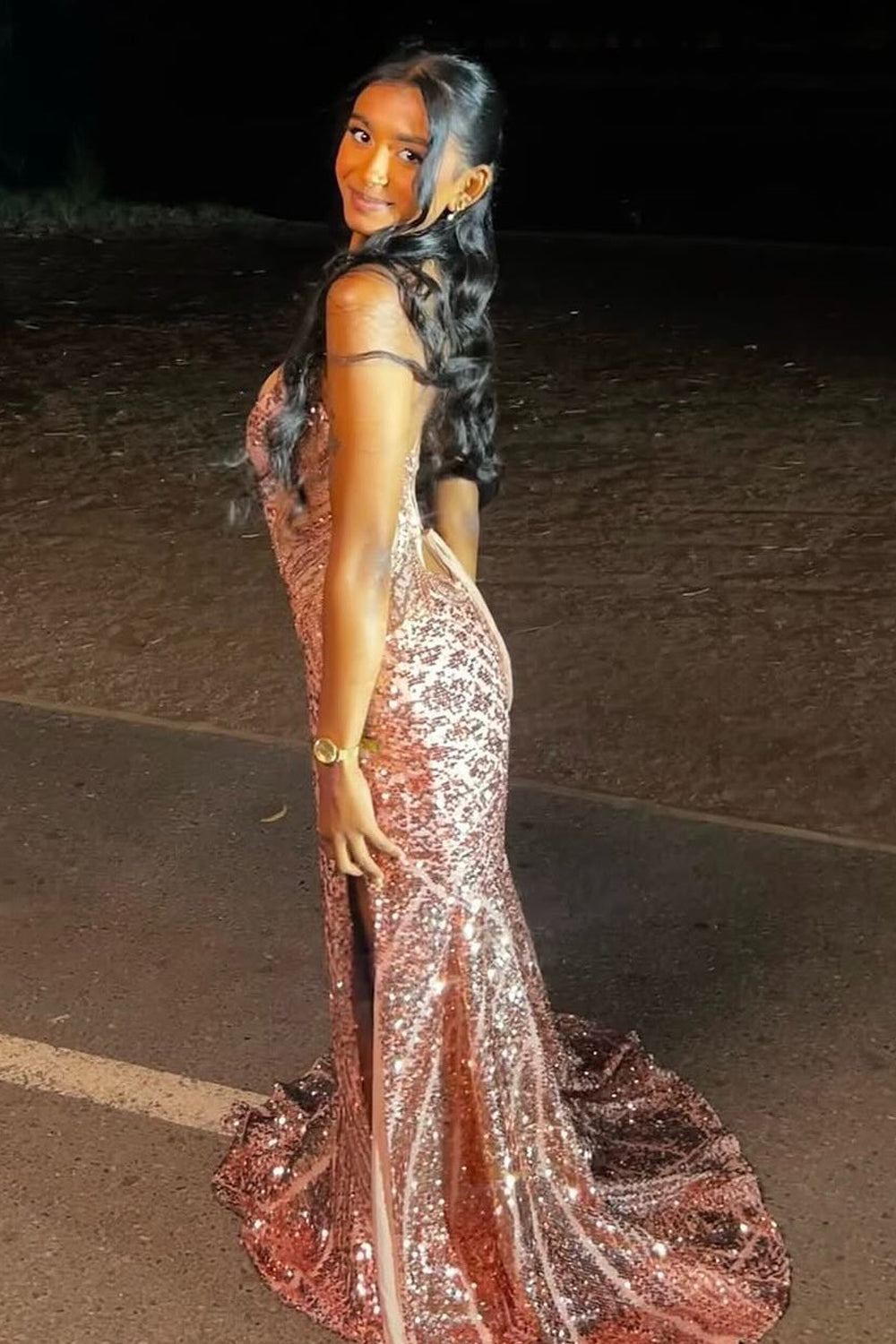 Elegant V-Neck Blush Sequins Mermaid Long Prom Dress with Slit