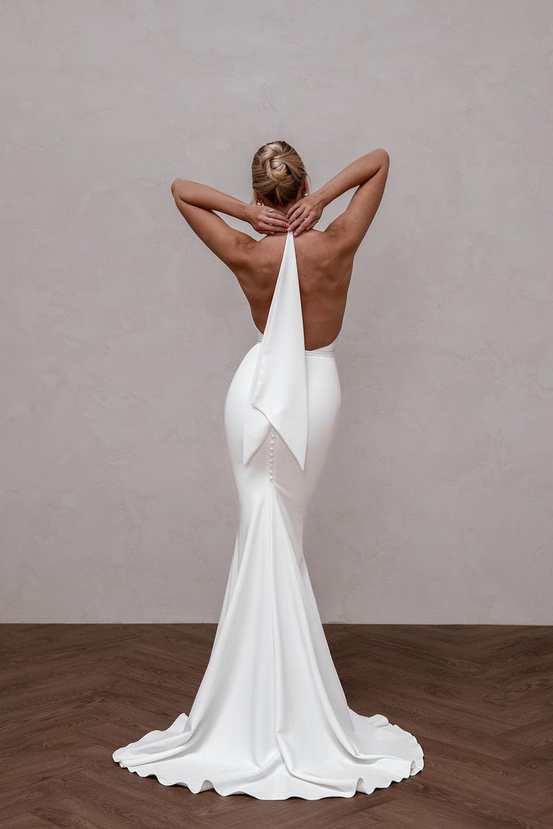 Elegant Mermaid V Neck Satin Long Wedding Dress LD062599