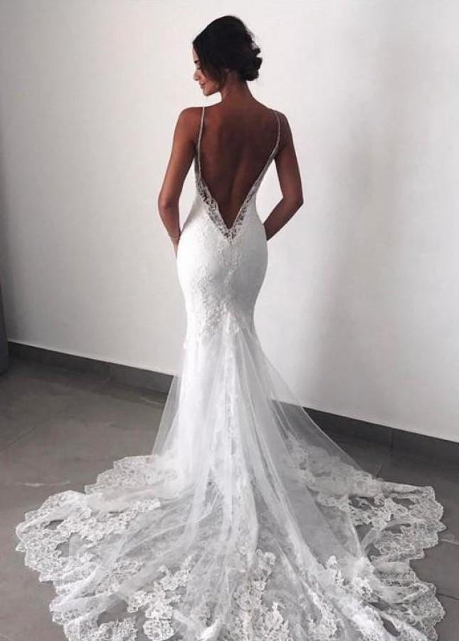 Mermaid Lace Wedding Dress with Spaghetti Straps and Backless Design with Appliqués