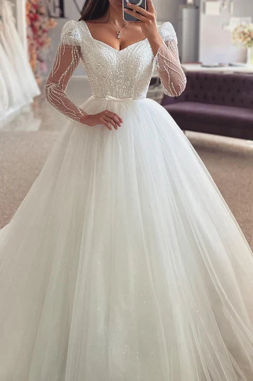 Bateau Neck Long Sleeve Sequined Appliques Tulle Wedding Dress with Empire Waist