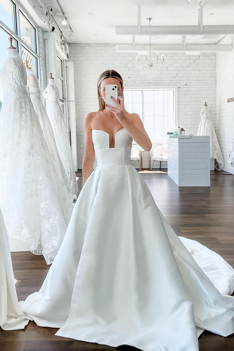 A-Line Satin Wedding Dress with Off-the-Shoulder Neckline and Detachable Straps