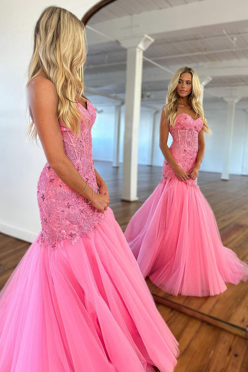 Charming Mermaid Strapless Coral Pink Prom Dress with Appliques LD062543