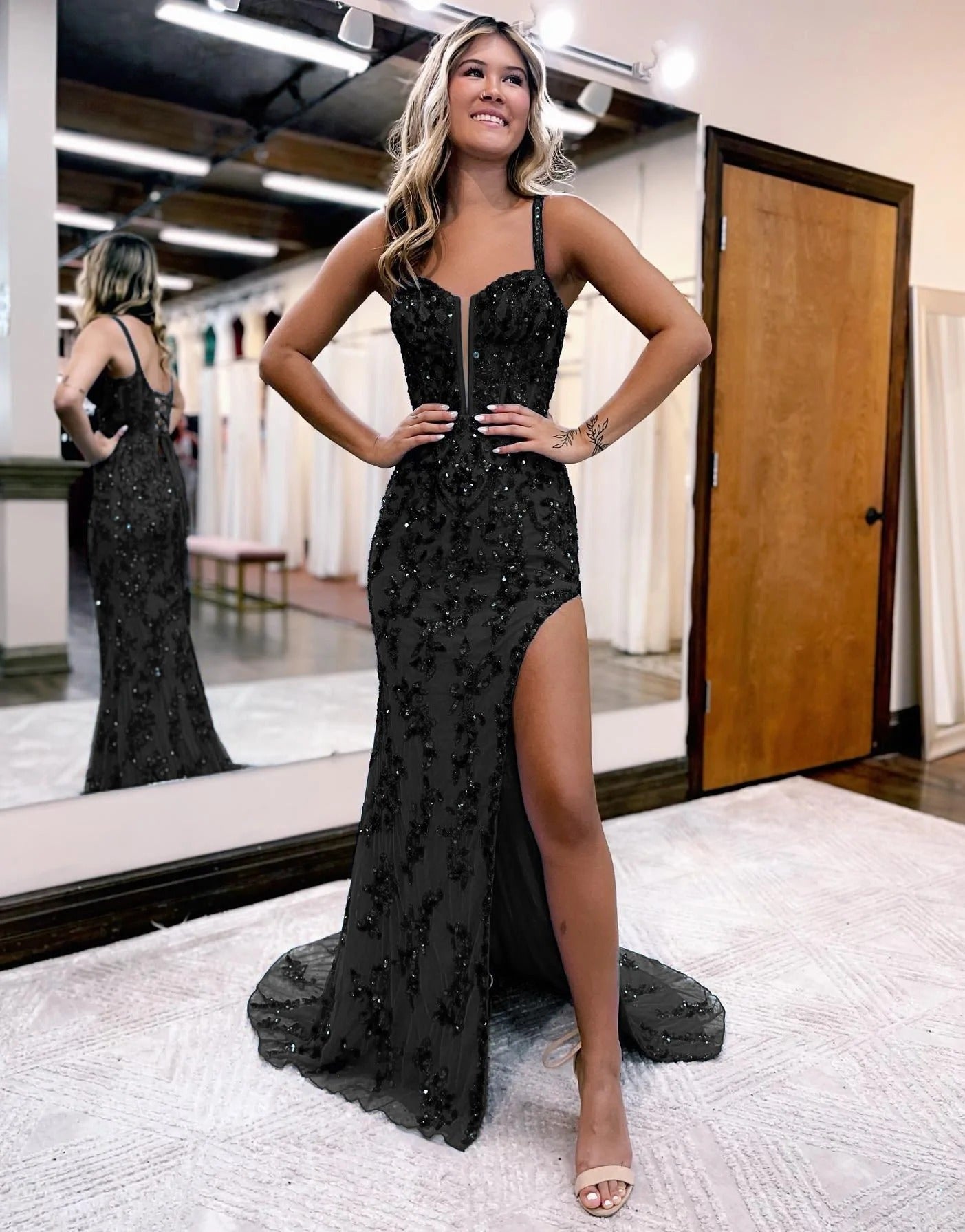 Sparkly Blue Sheath Long Prom Dress with Sequins and Slit