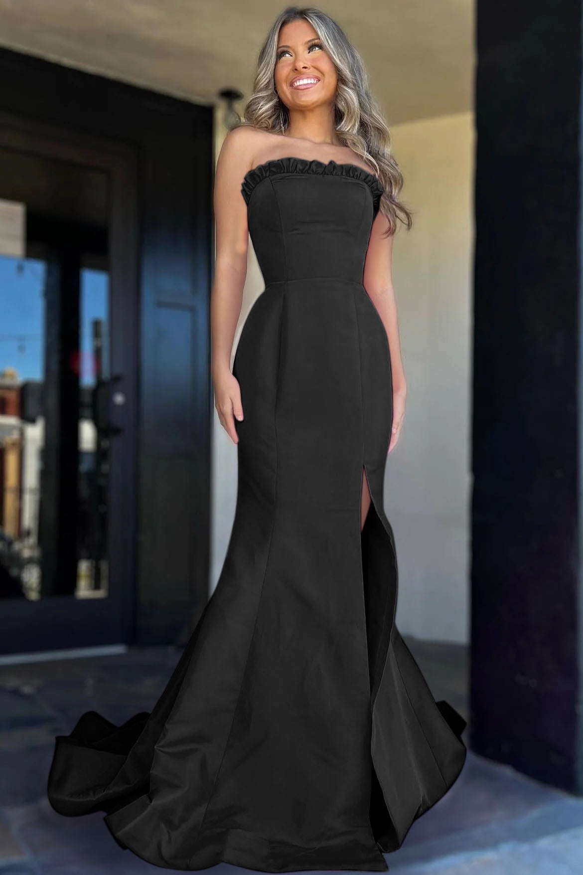 Denver | Magenta Strapless Ruffle Mermaid Prom Dress with Slit